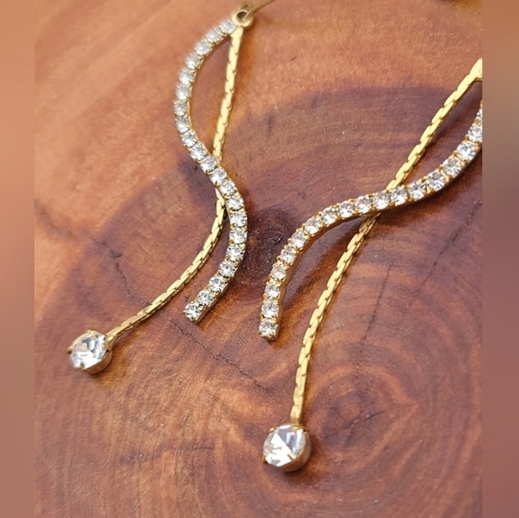 Goldtone Double Strand with Rhinestone Swirl Rhinestone Stud Dangle Earrings - Picture 4 of 5